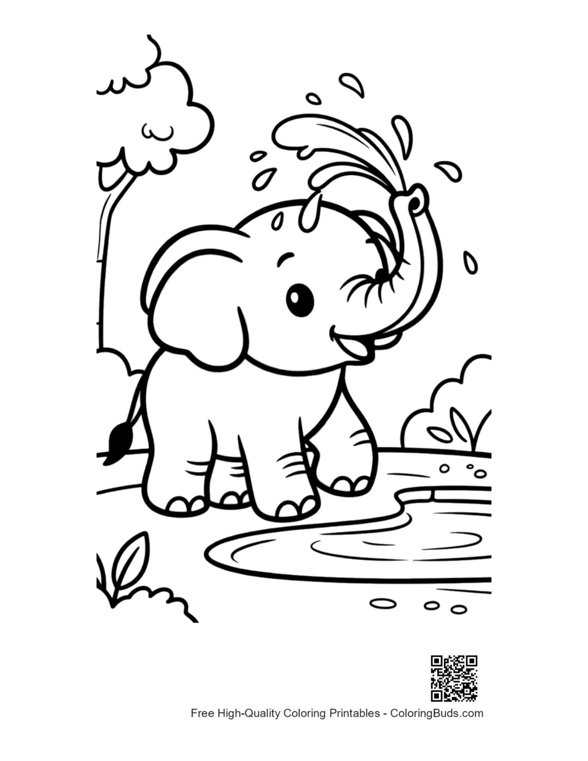 Cute elephant calf splashing in pool printable