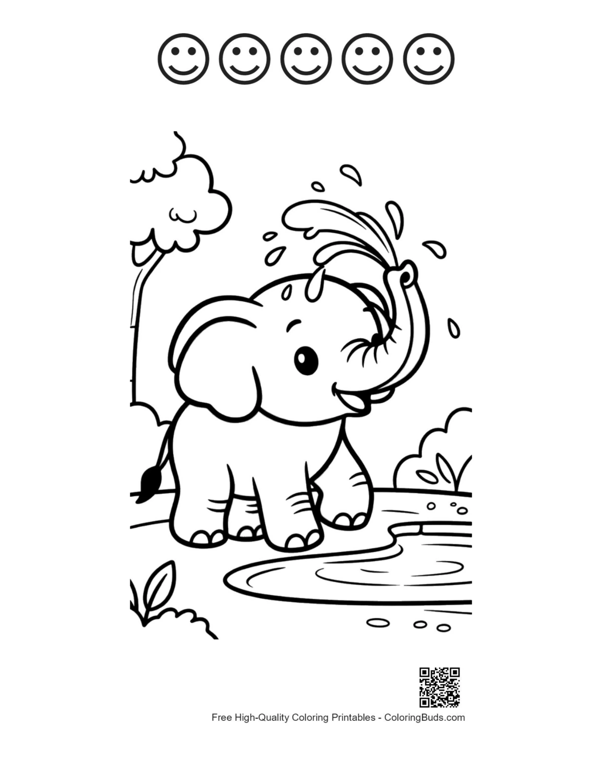 Elephant calf printable with happy face outlines