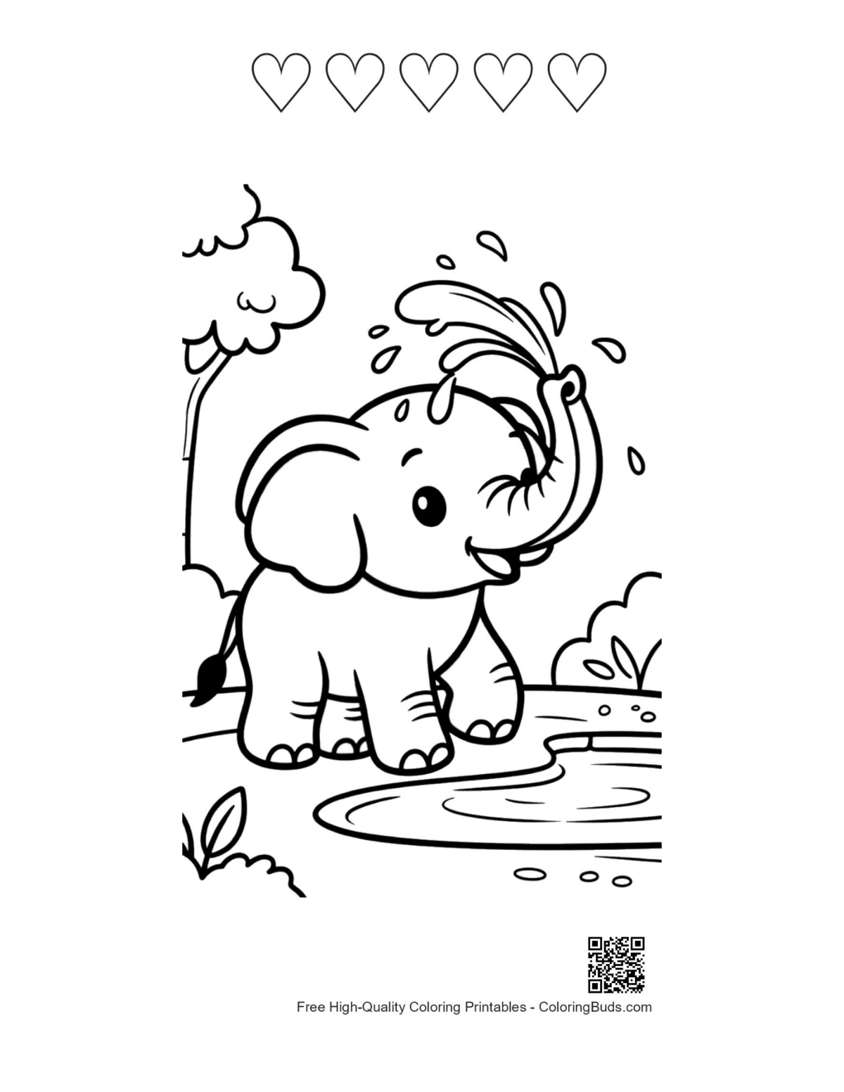Elephant calf water printable with heart outlines