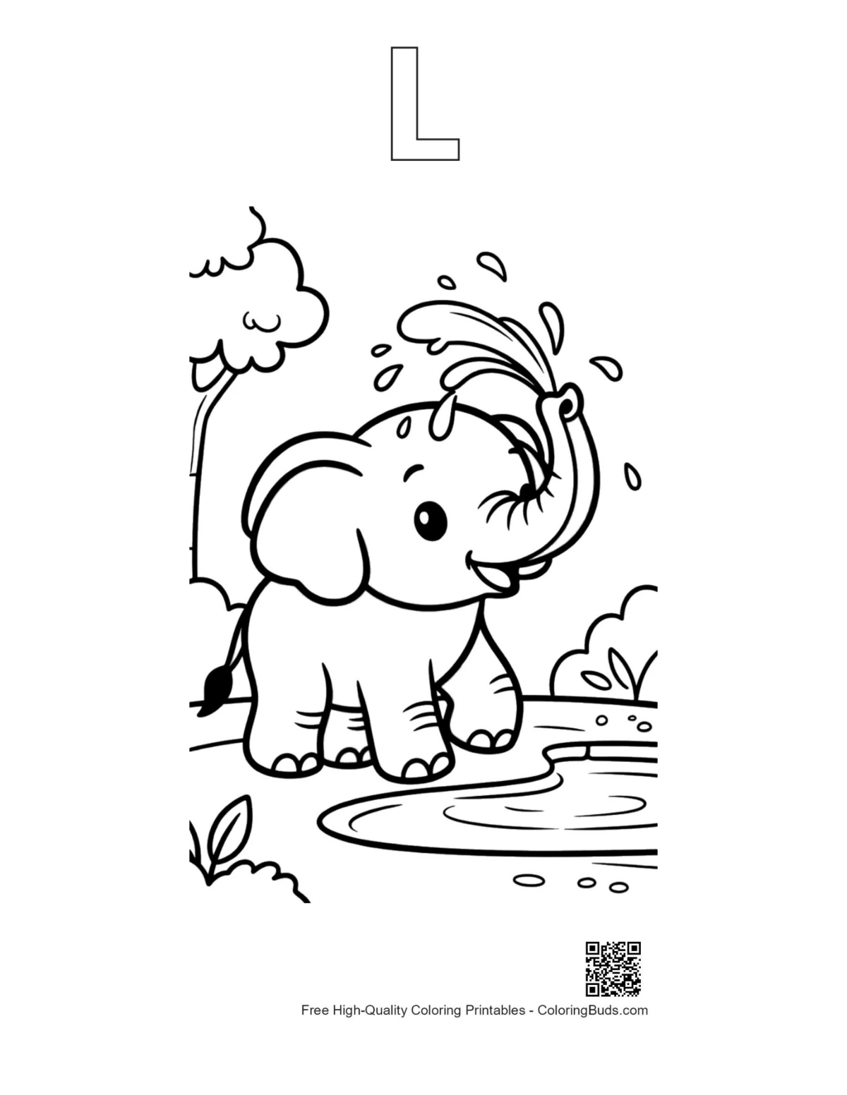 Elephant calf printable with alphabet L outline