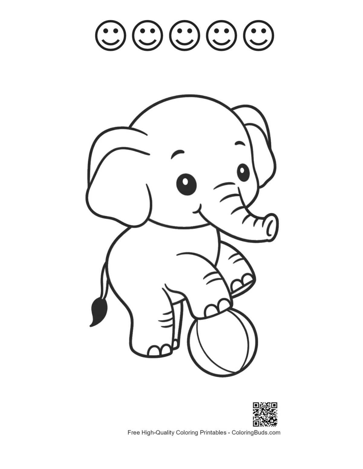 Elephant calf on beach ball 5 happy faces outline printable