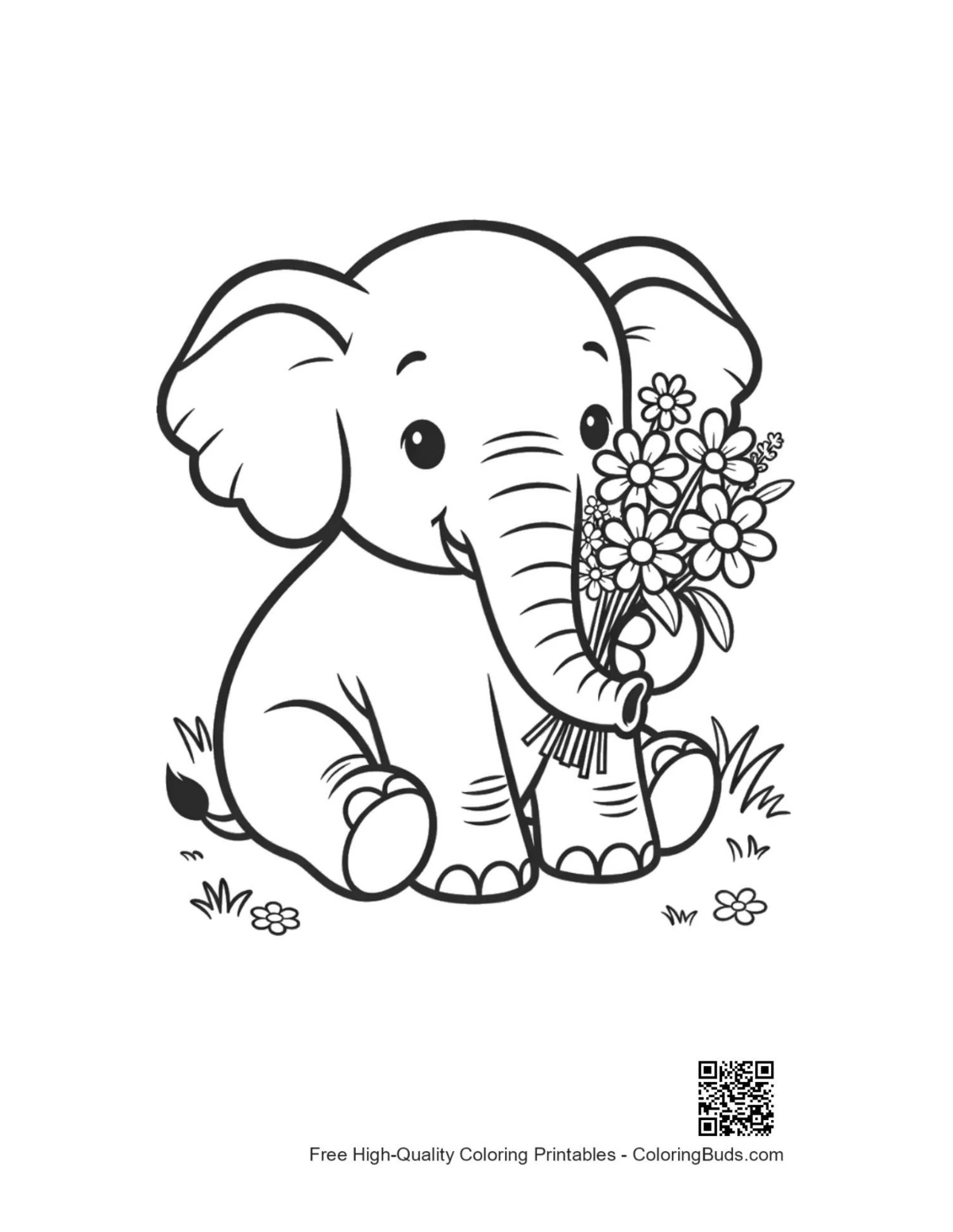Cute African elephant calf with wildflowers coloring printable