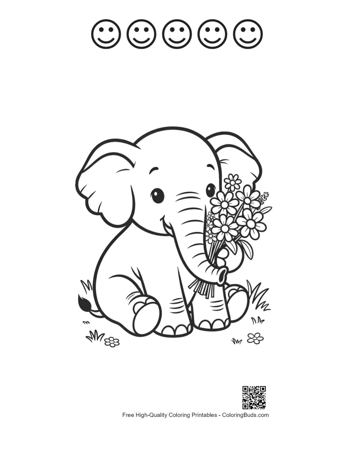 Cute elephant calf printable with happy faces and flowers