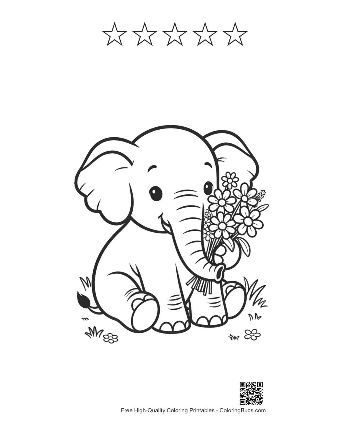 Elephant calf wildflowers printable with 5 stars outline