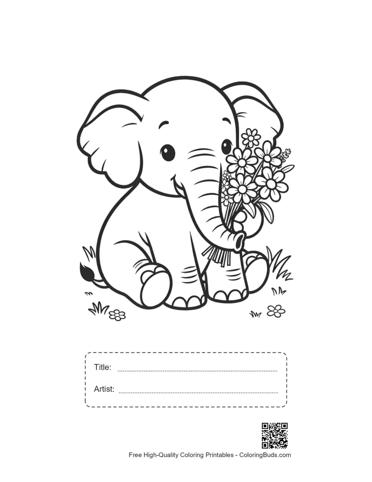 African elephant calf wildflowers printable with title box