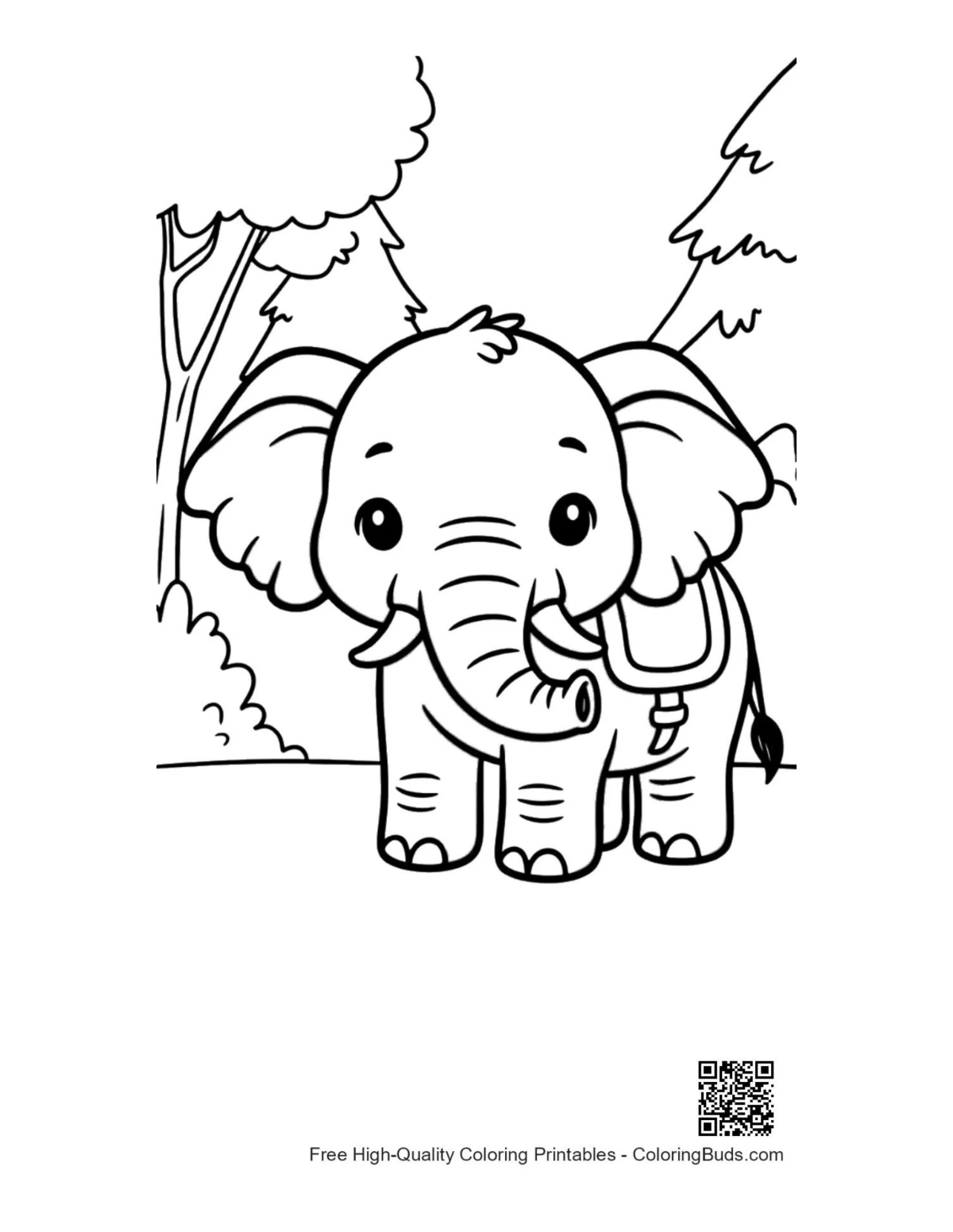 Adorable elephant calf with saddle in forest printable