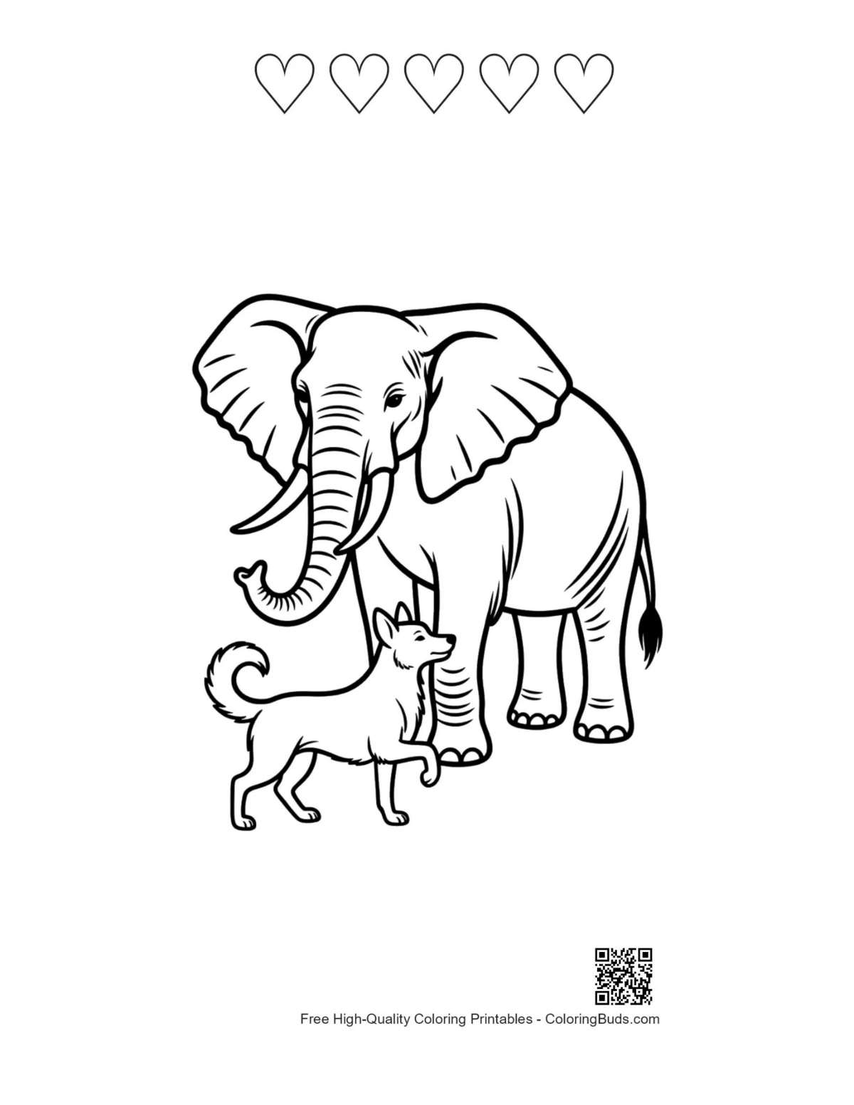 Elephant Pomeranian printable 5 hearts outline