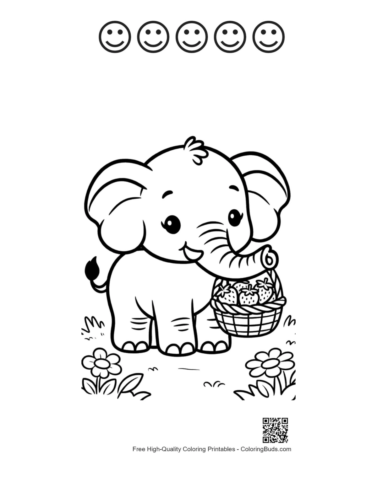 African elephant sheet with 5 happy faces printable