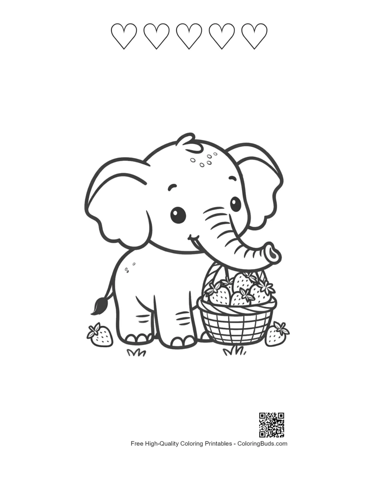 Printable African elephant with 5 heart outlines