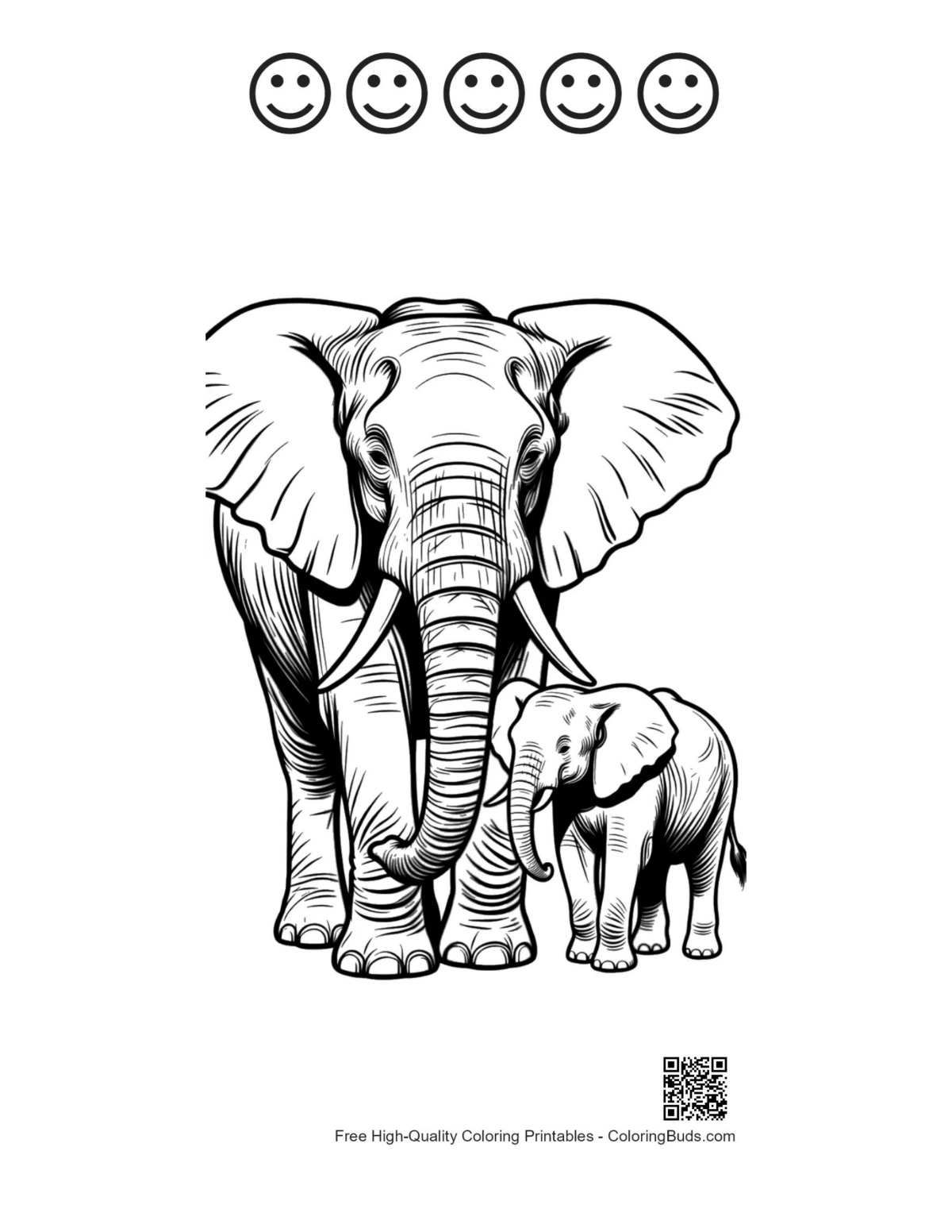 Happy faces African elephant mother calf coloring page