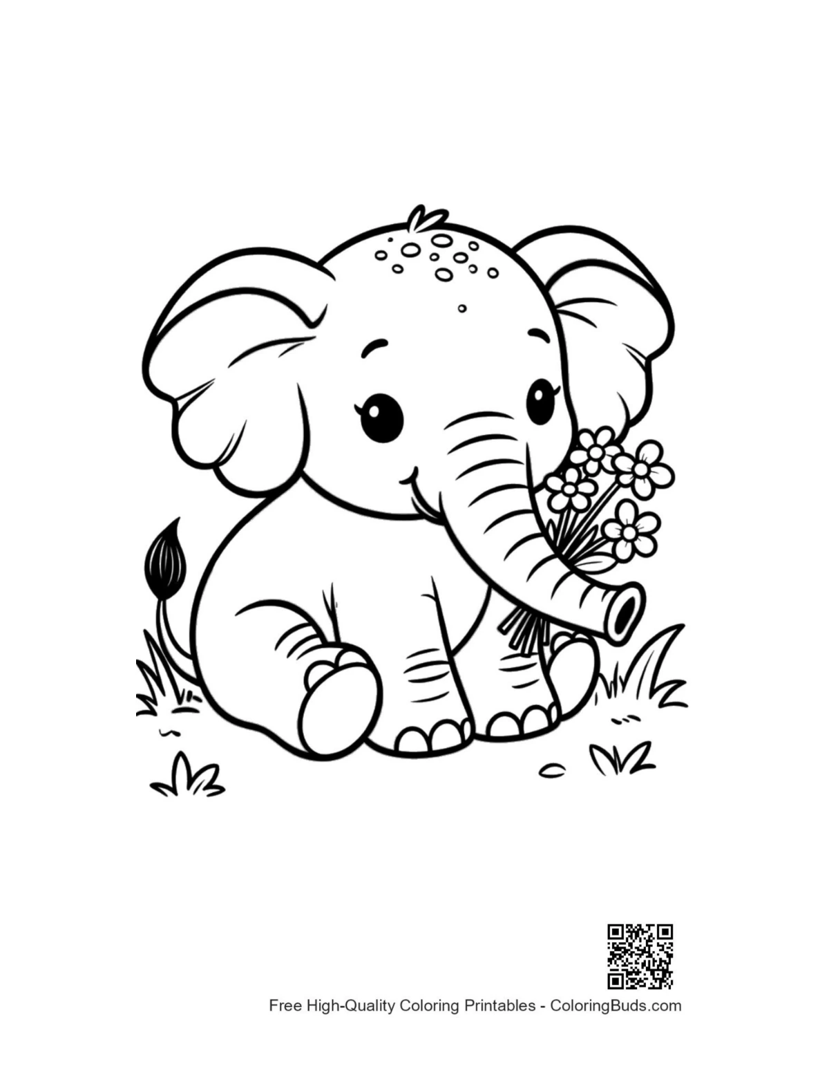 Baby African elephant with floral bouquet meadow printable