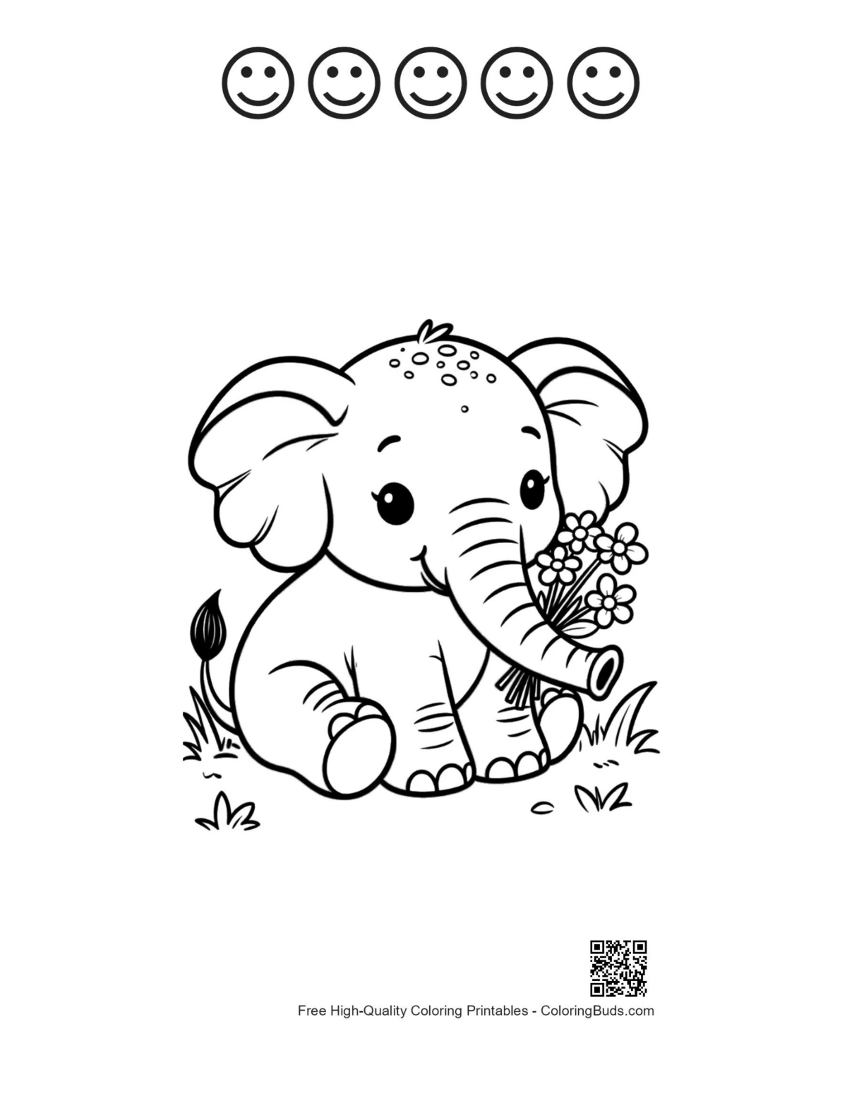 Baby elephant bouquet 5 happy face outline coloring page