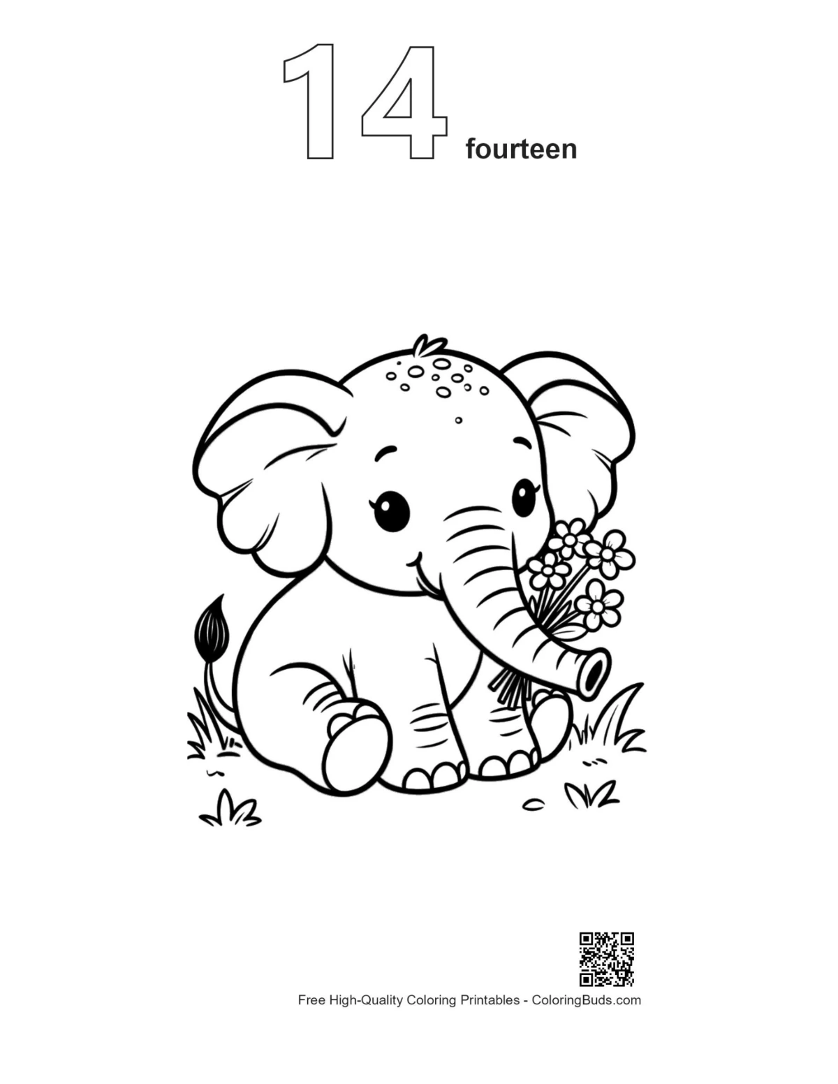 Baby elephant bouquet meadow outline number 14 printable