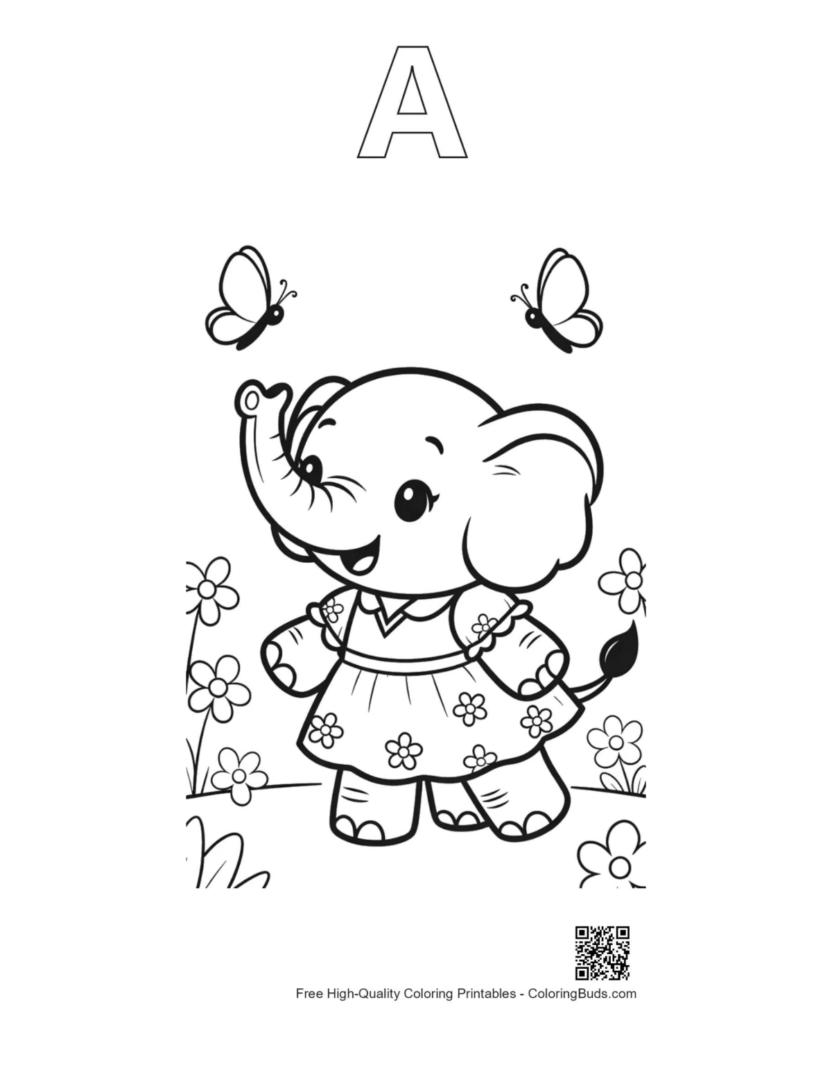 Baby elephant printable outline with alphabet A