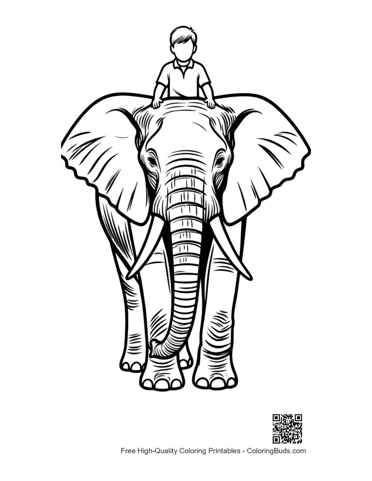Boy riding African elephant coloring page