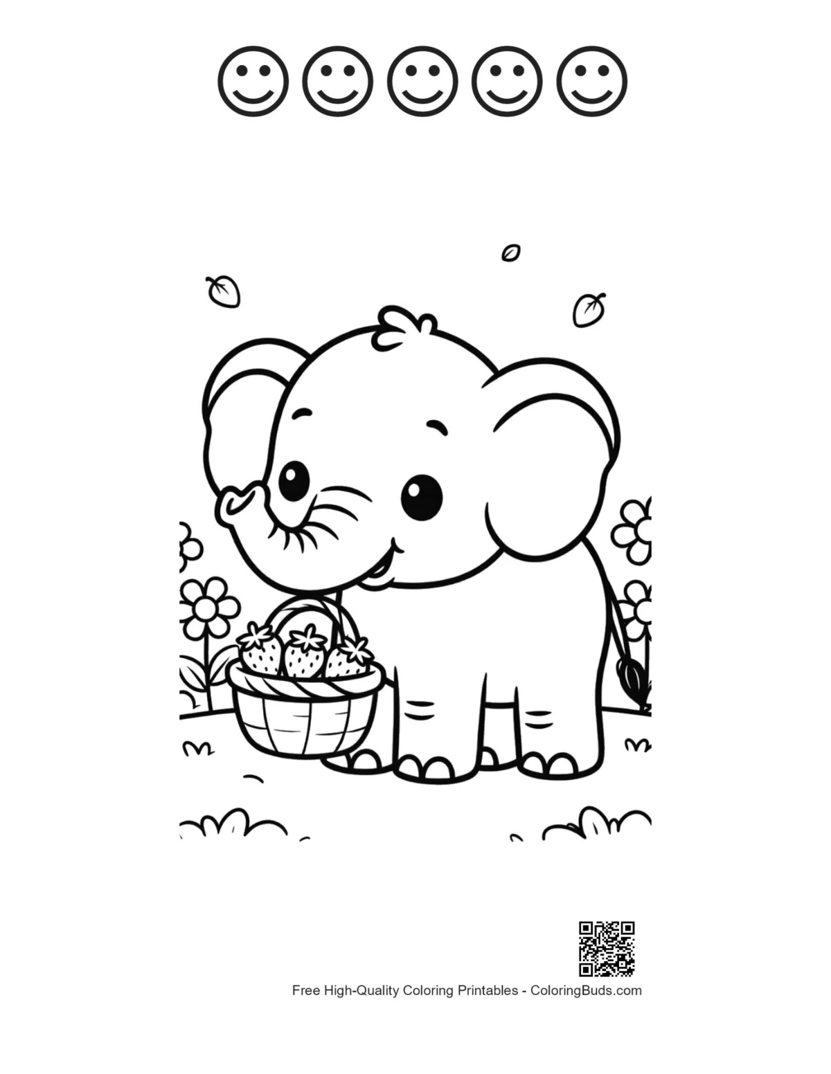 Elephant coloring page with happy faces
