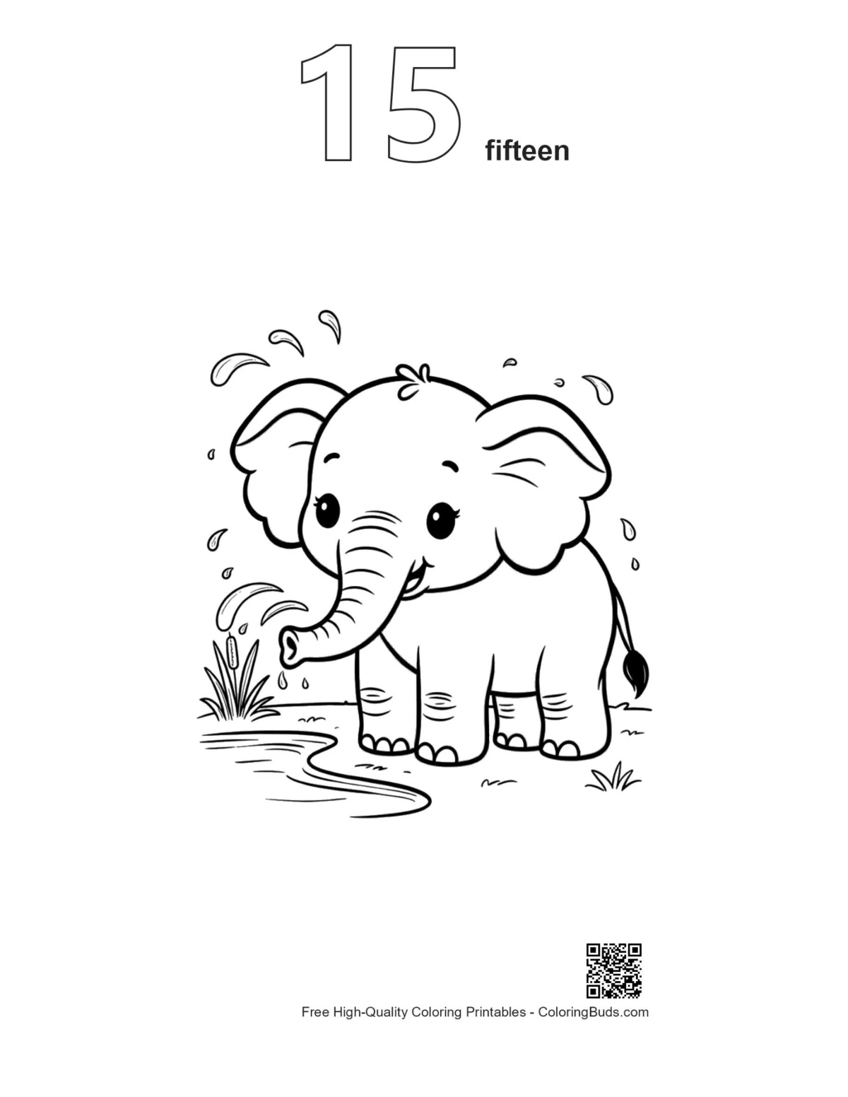Cute African Elephant printable outline with number 15