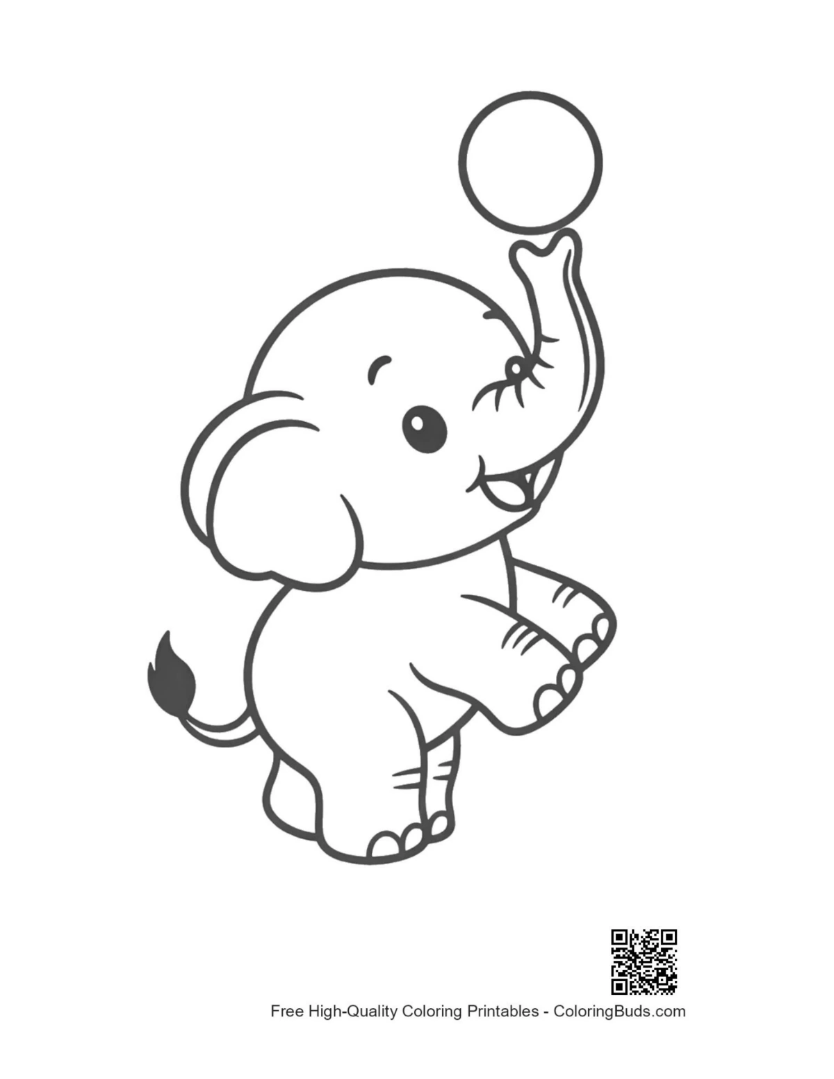 Cute baby African elephant balancing ball coloring page