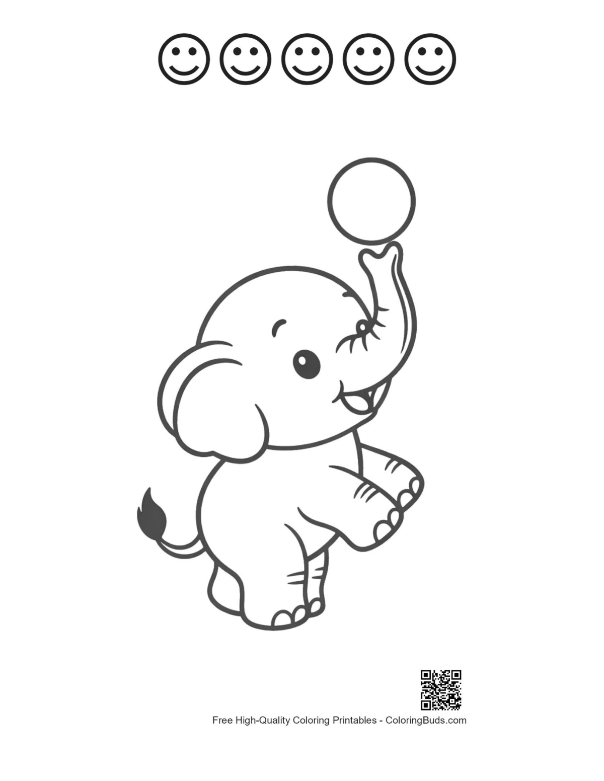 Elephant printable featuring 5 happy faces outlines
