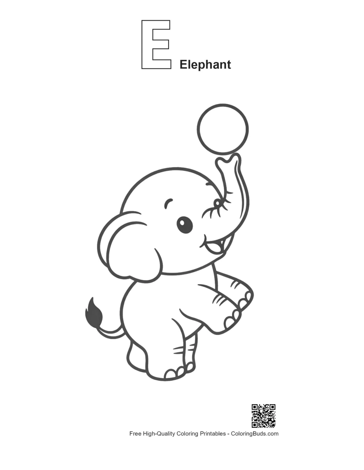 Baby elephant alphabet E outline balancing ball printable