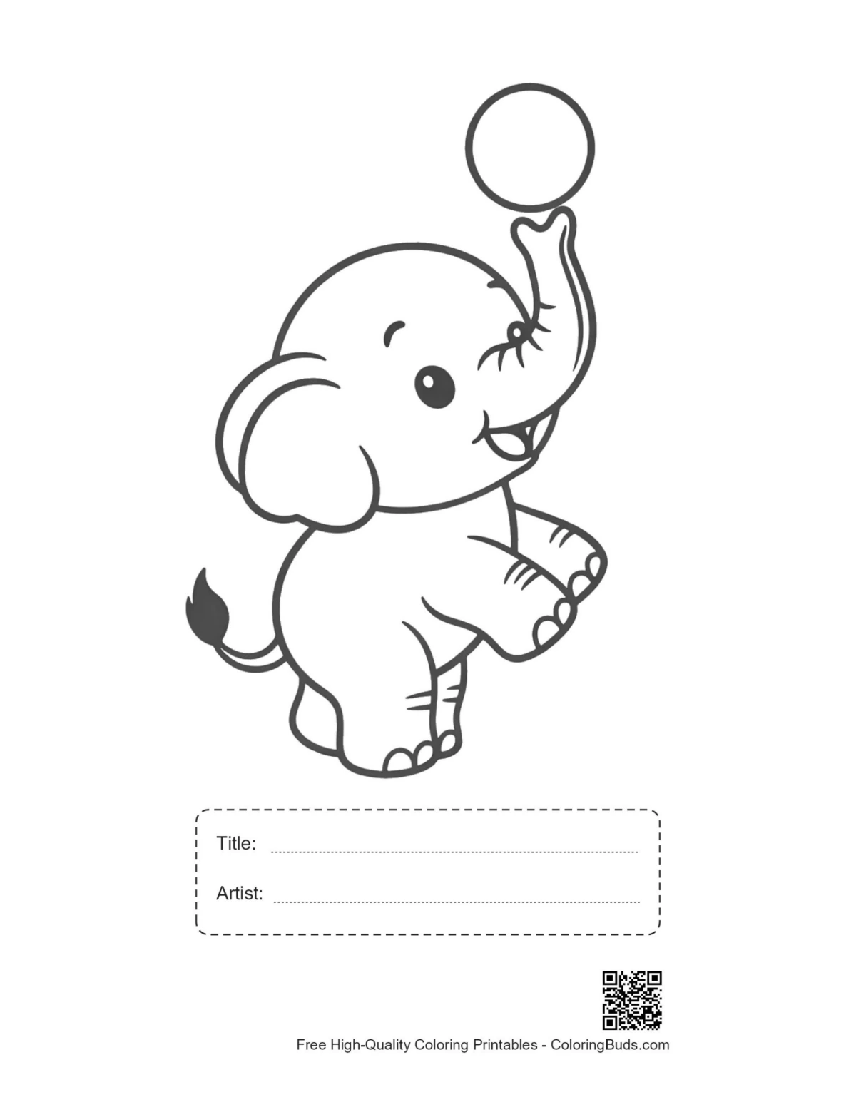 Cute African elephant printable with title artist box