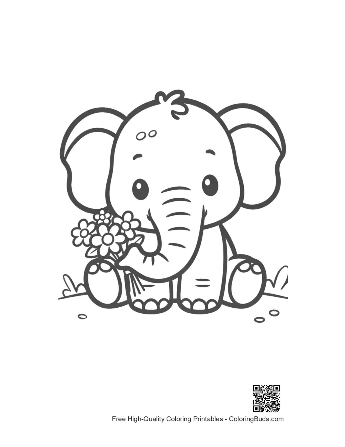 Cute baby African elephant holding flowers printable