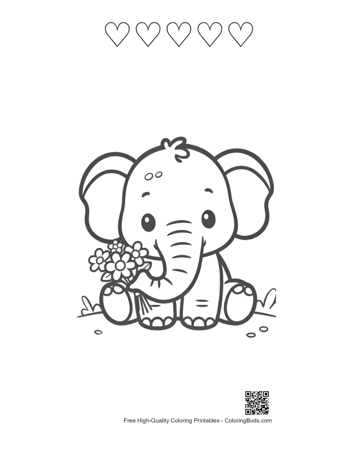 Baby elephant flowers printable 5 hearts outline