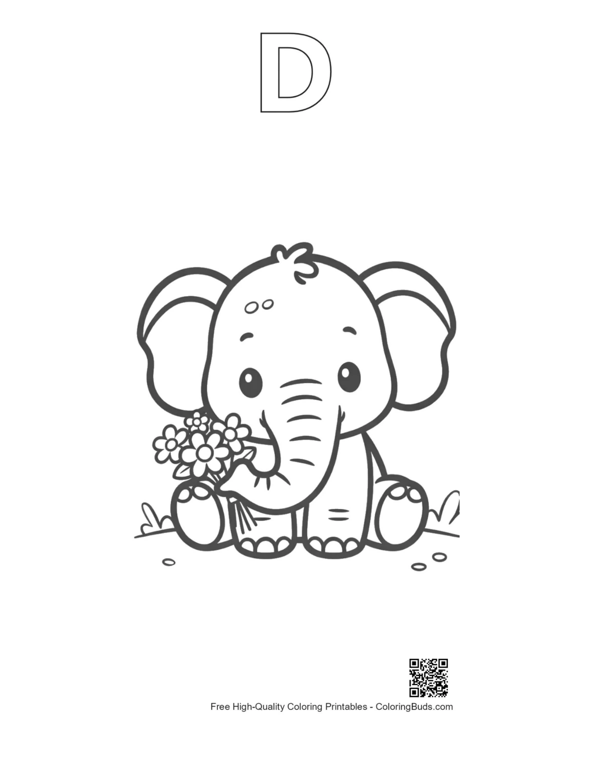 Baby elephant flowers printable alphabet D outline