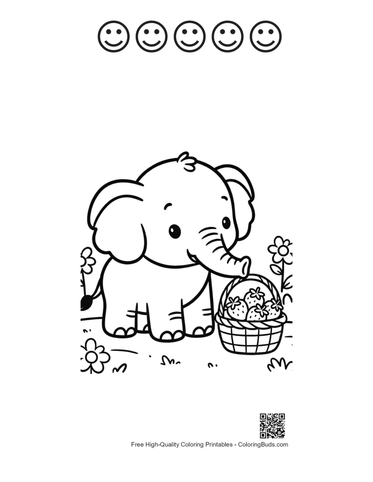African elephant and 5 happy faces outline printable