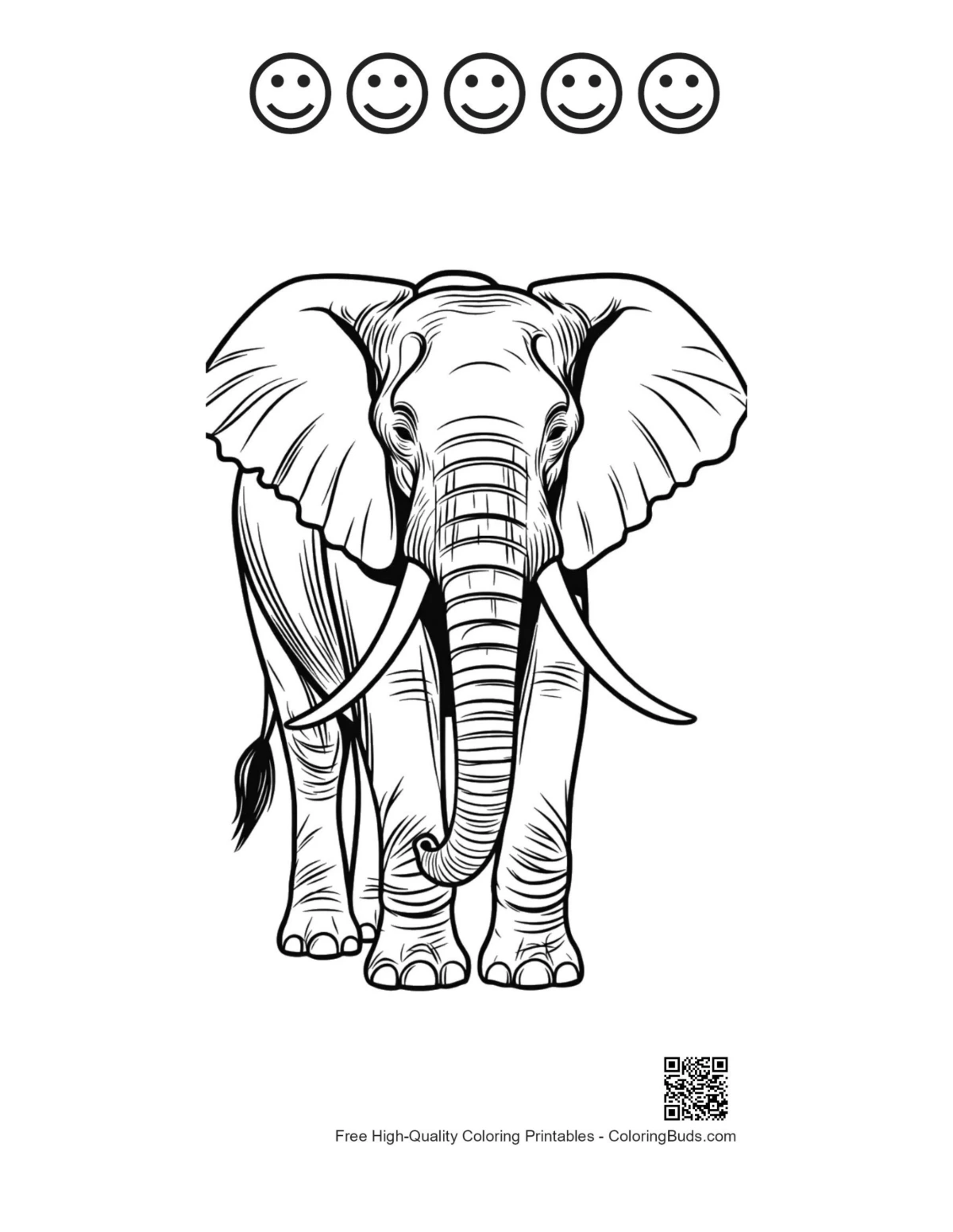African elephant frontal view with happy faces outline