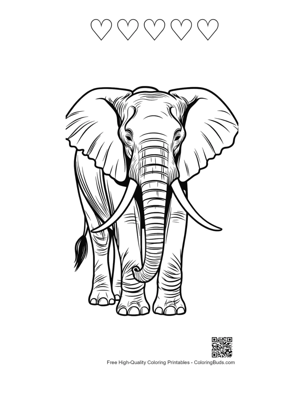Majestic elephant frontal printable heart outlines