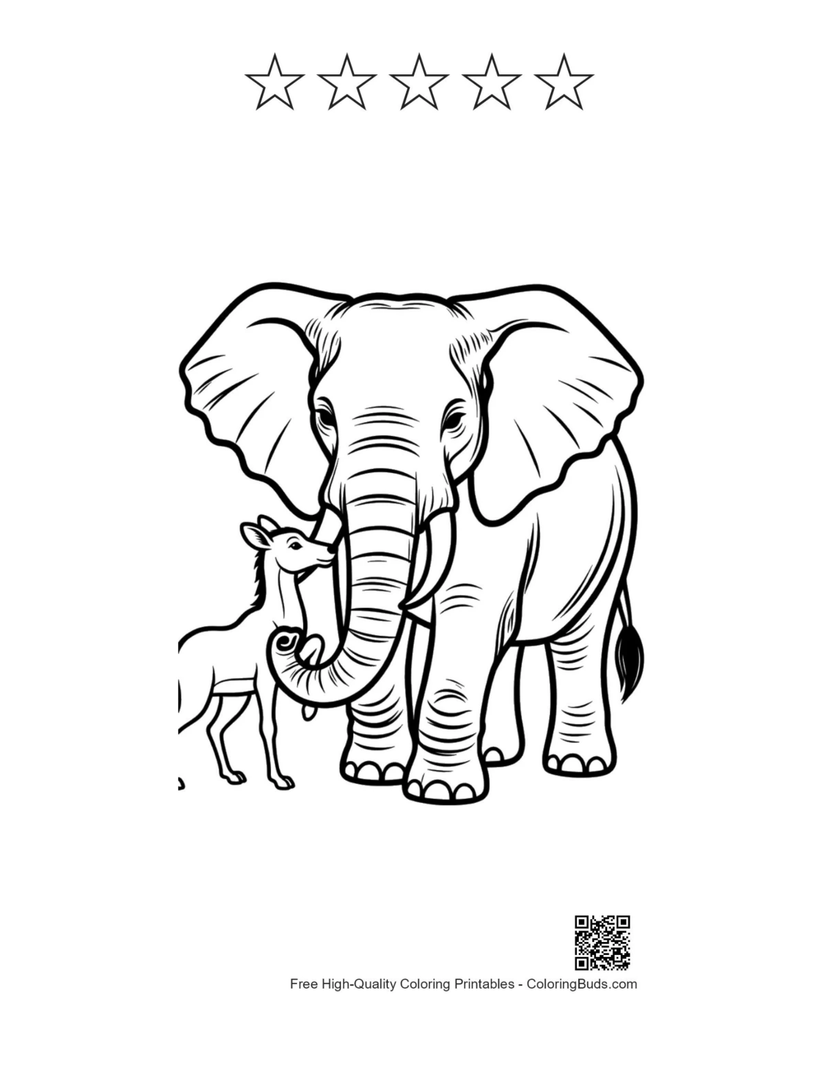 Gentle elephant antelope with 5 star outline printable