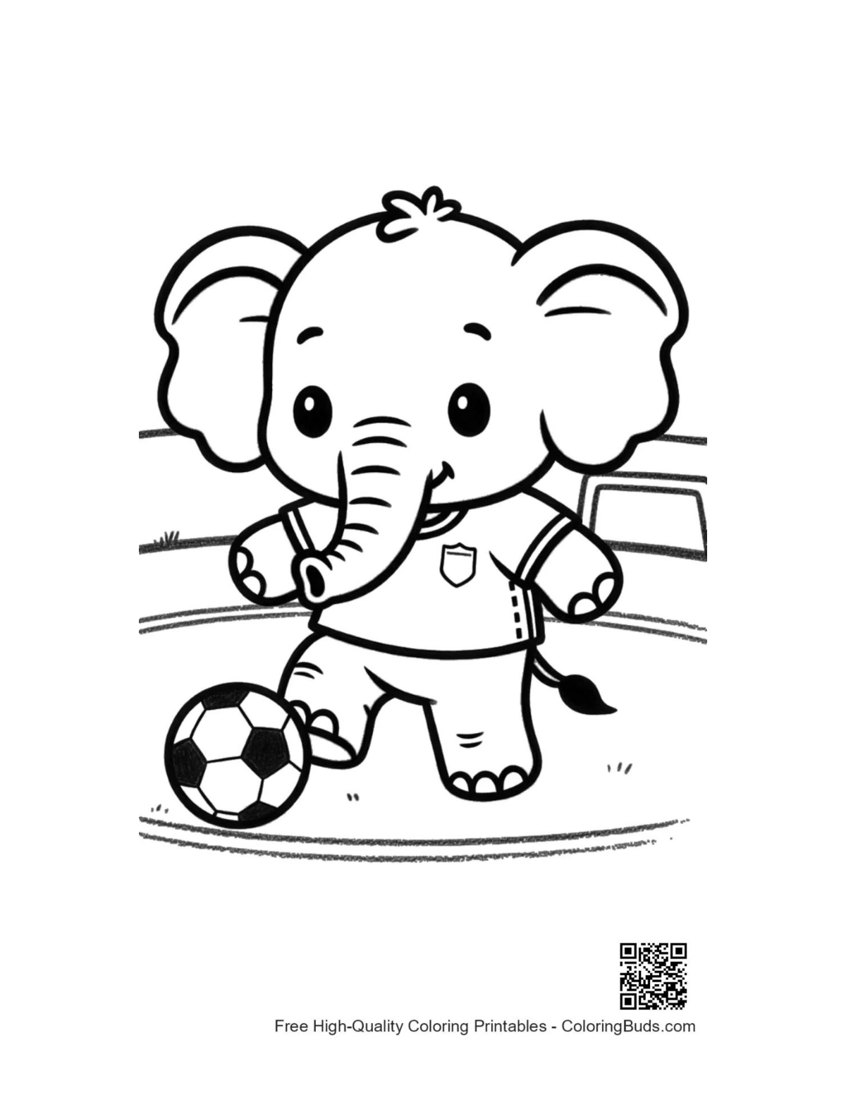 Happy baby African elephant kicking football coloring page