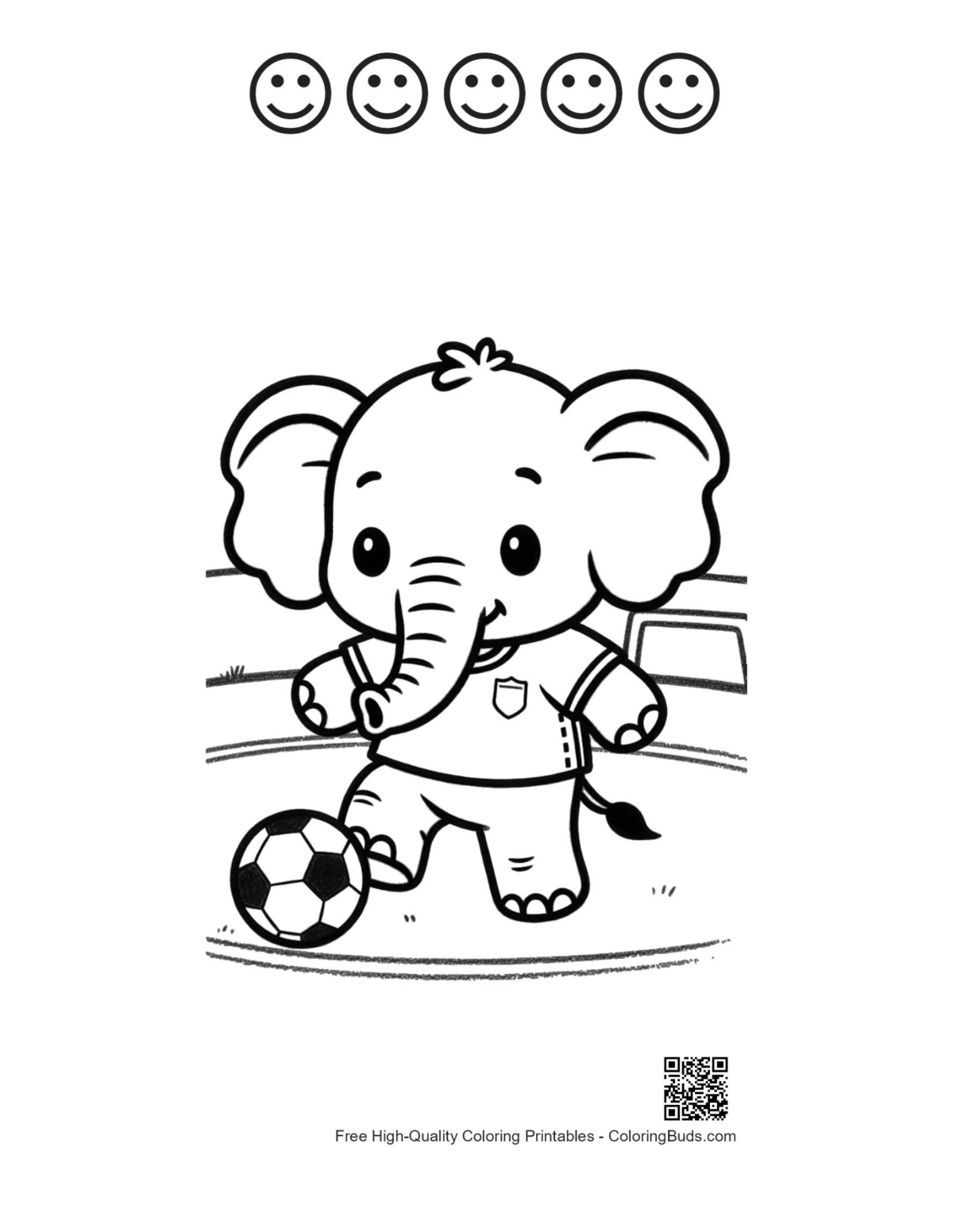 Elephant playing football printable with happy faces