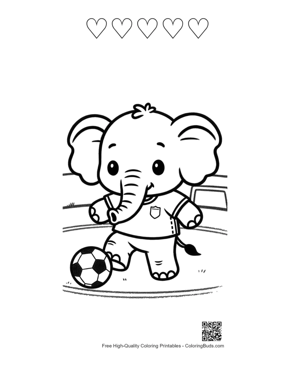 Football elephant coloring page with heart outlines