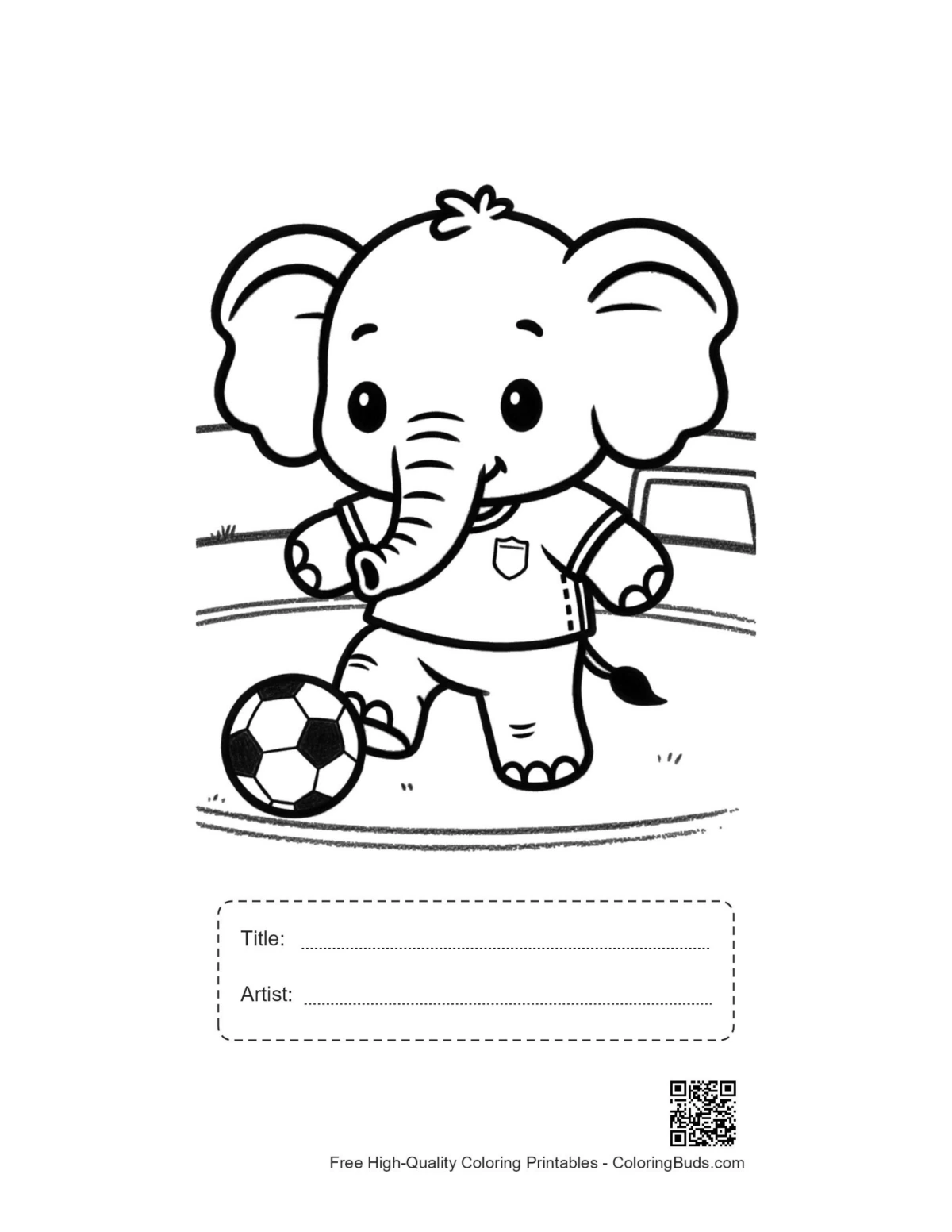 Football playing baby elephant printable with title box