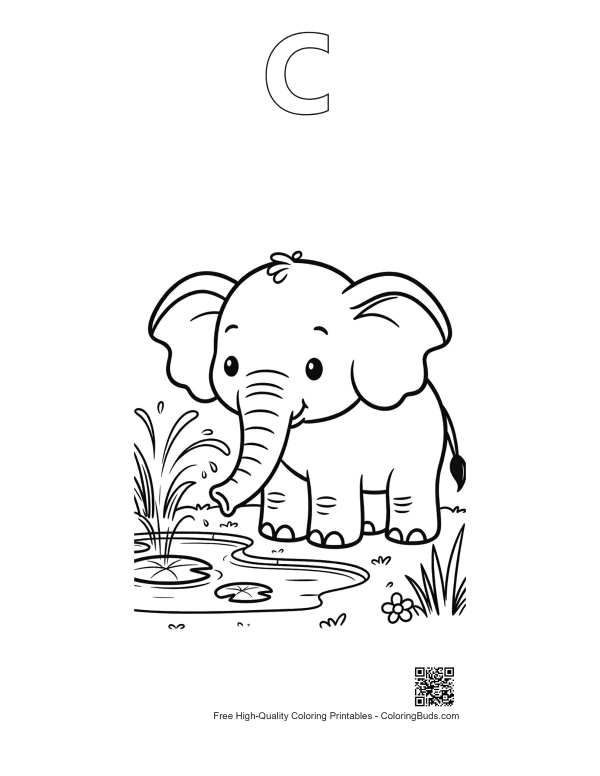 Elephant fountain printable with alphabet C outline