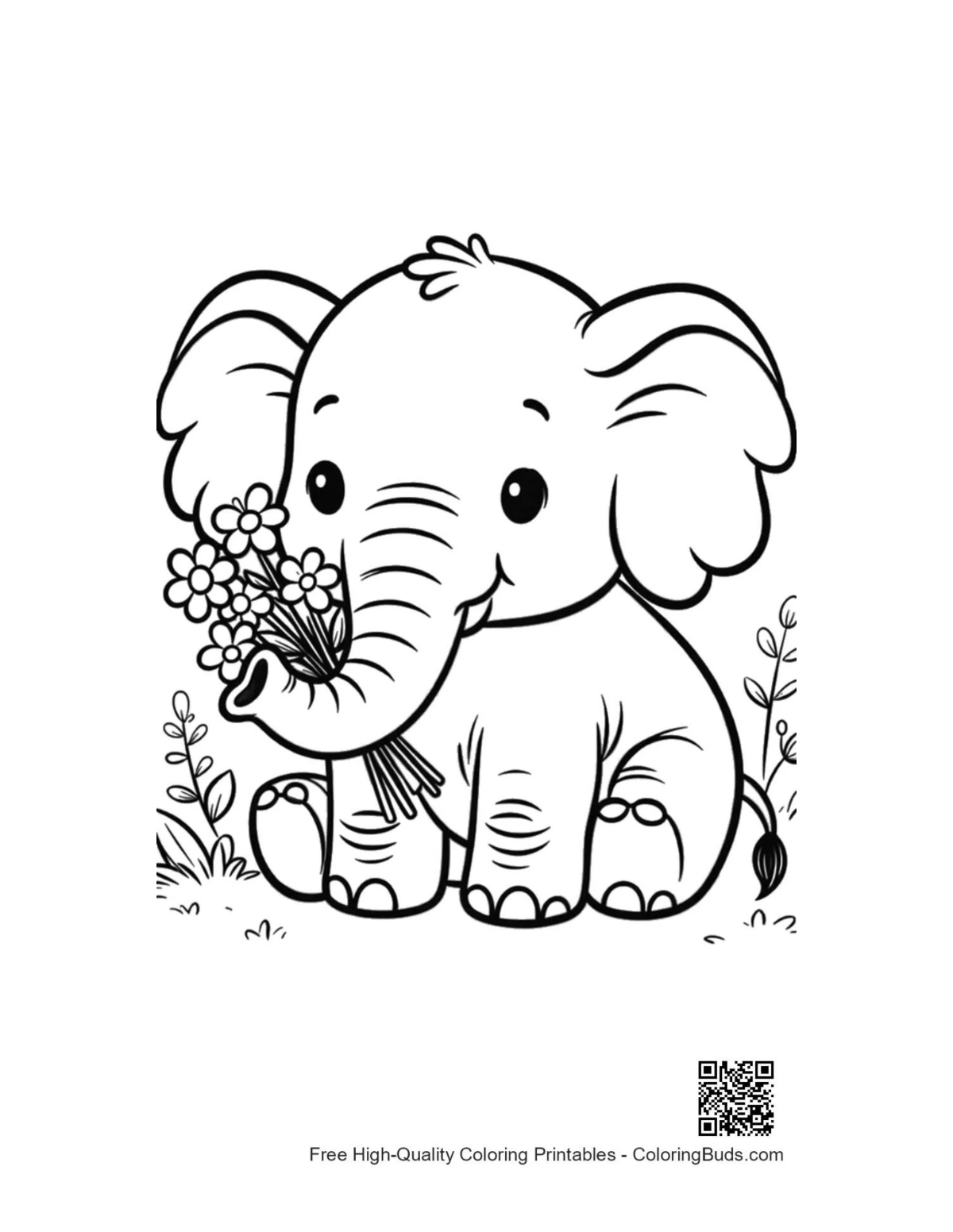 Happy elephant calf with roses printable coloring page