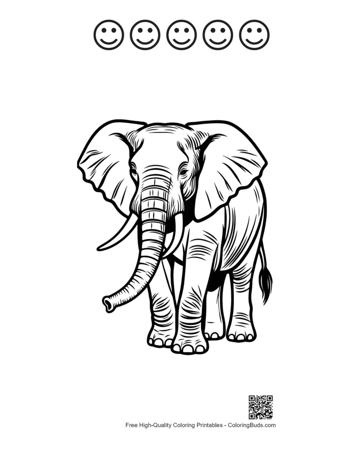 Elephant line art printable with 5 happy faces
