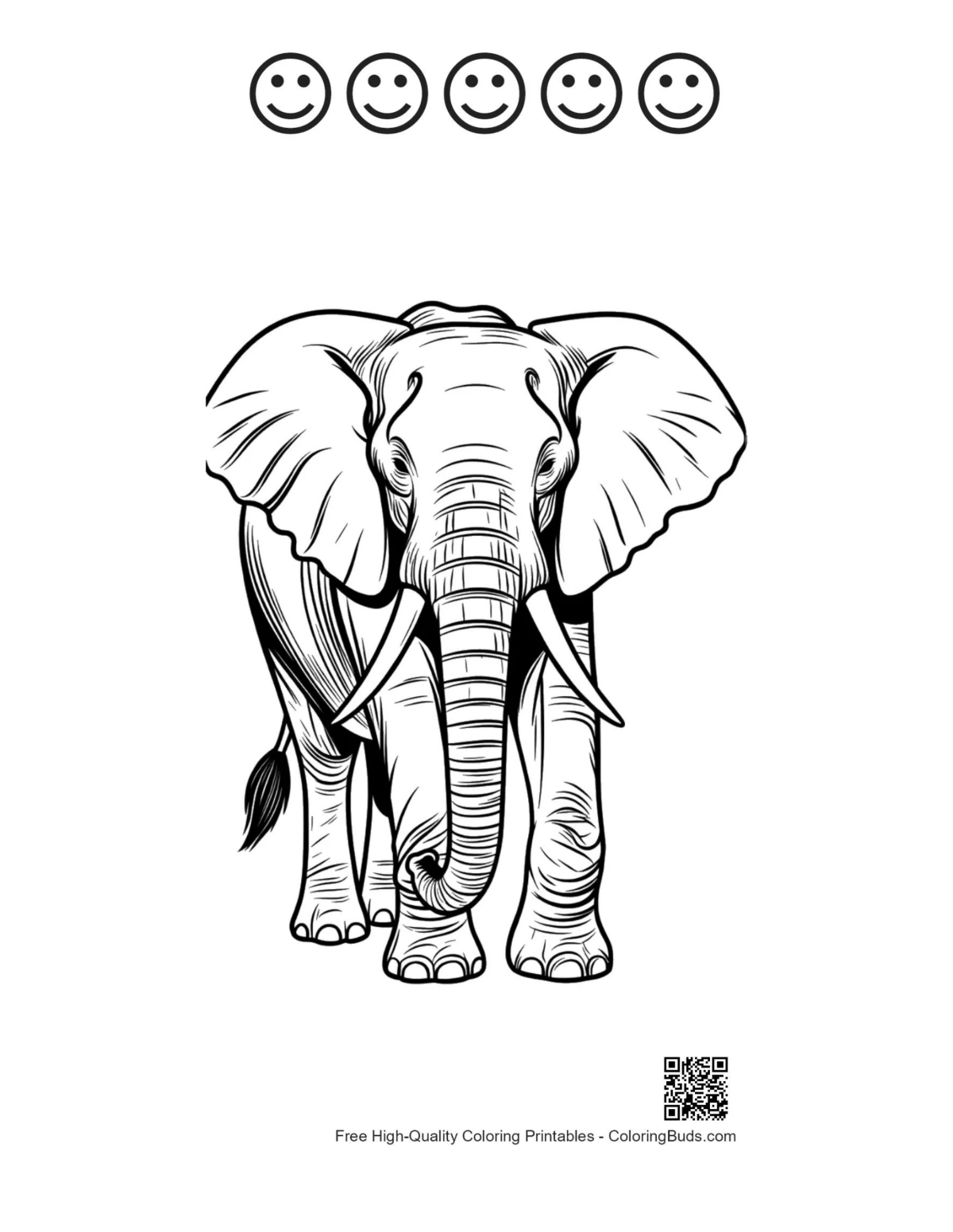 Elephant line art with 5 happy faces printable