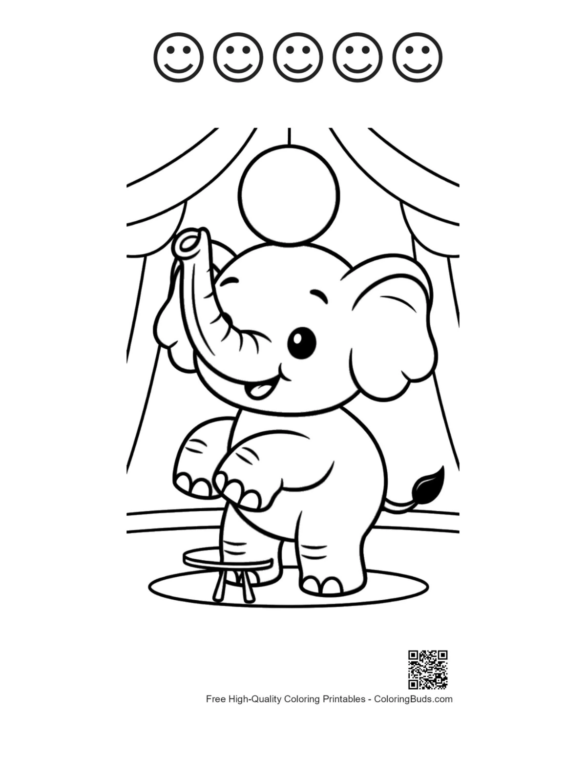 Elephant on ball with 5 happy faces printable outline