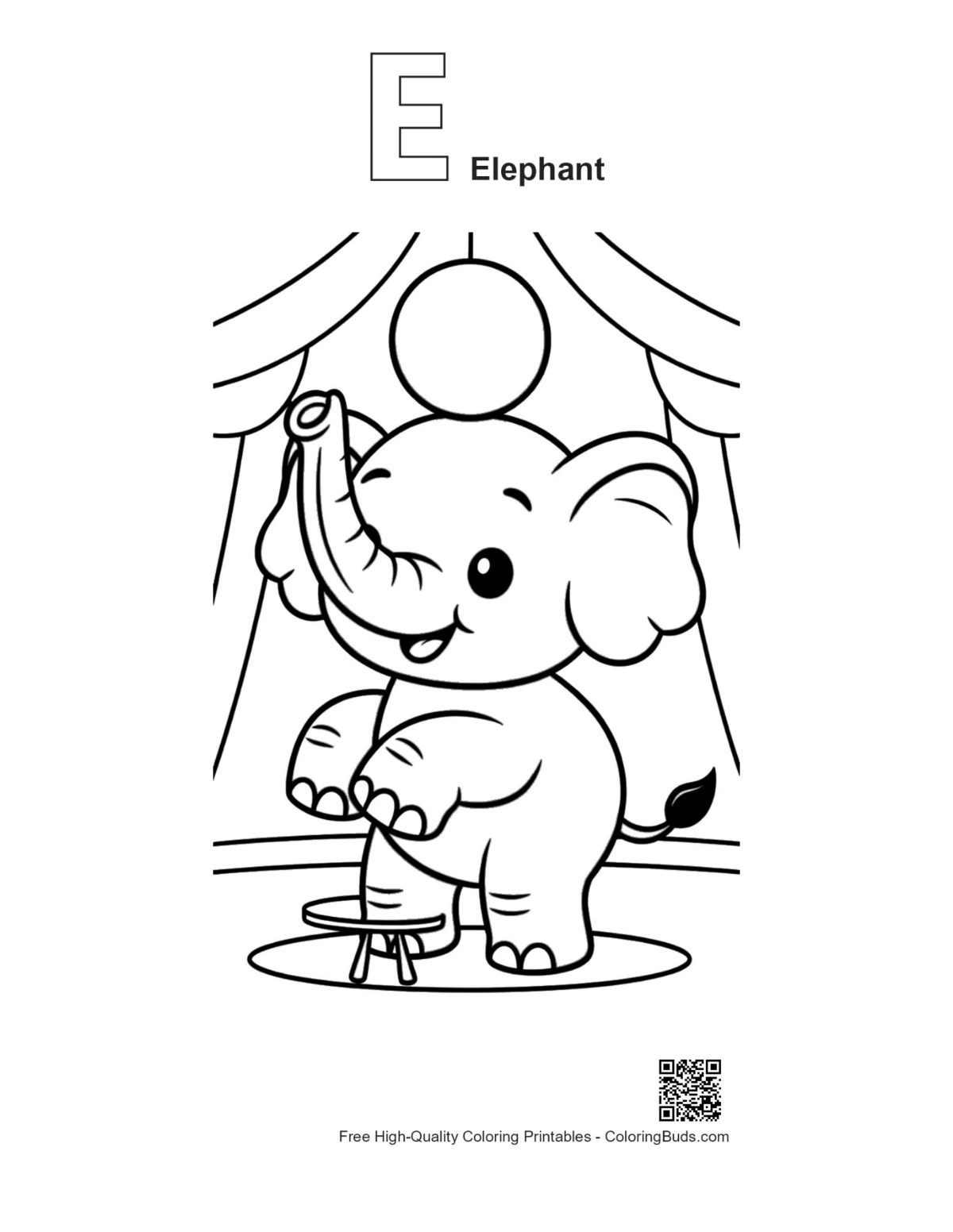 Elephant alphabet E outline with baby on ball printable