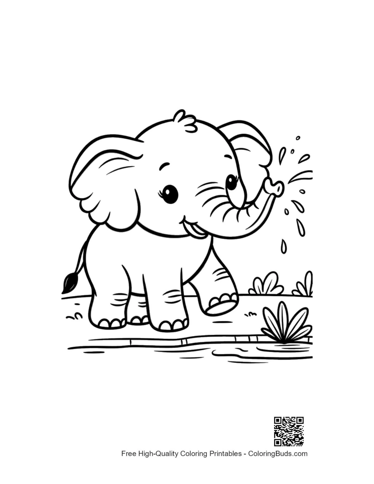 Sweet baby African elephant splashing water coloring page