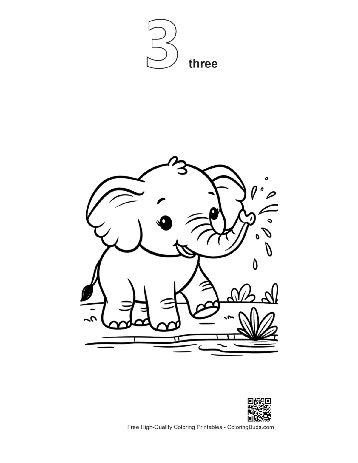 Baby elephant water splash outline #3 printable page