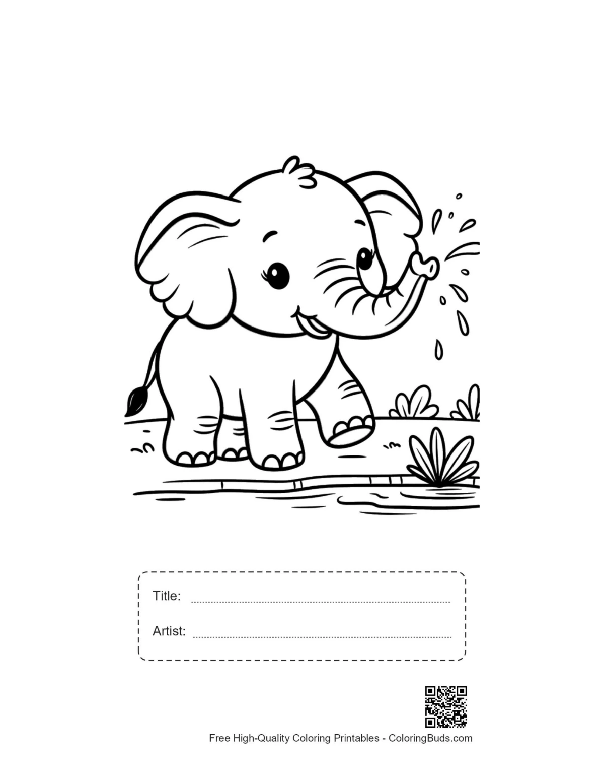 Baby elephant splashing water printable with title box