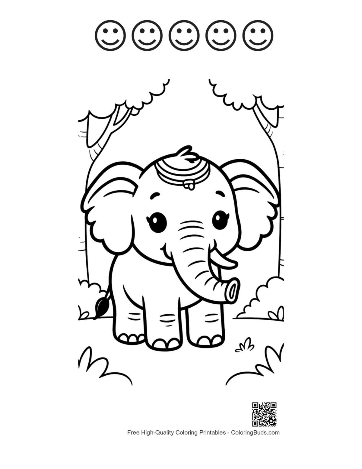 Baby elephant with 5 happy faces outline printable