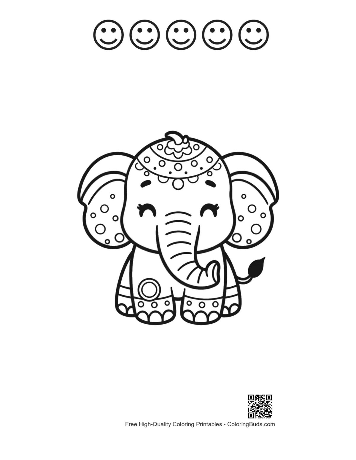Baby elephant coloring with 5 happy faces