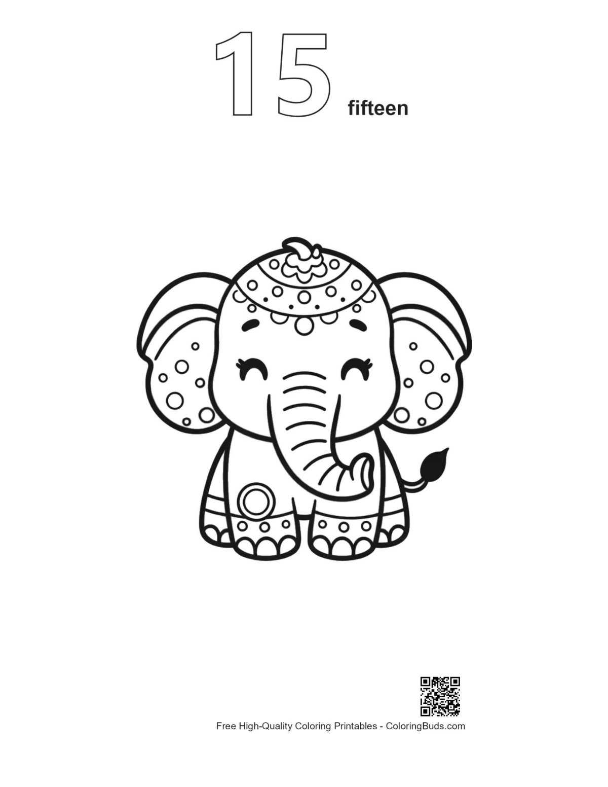 Numbered baby elephant floral art coloring page 15