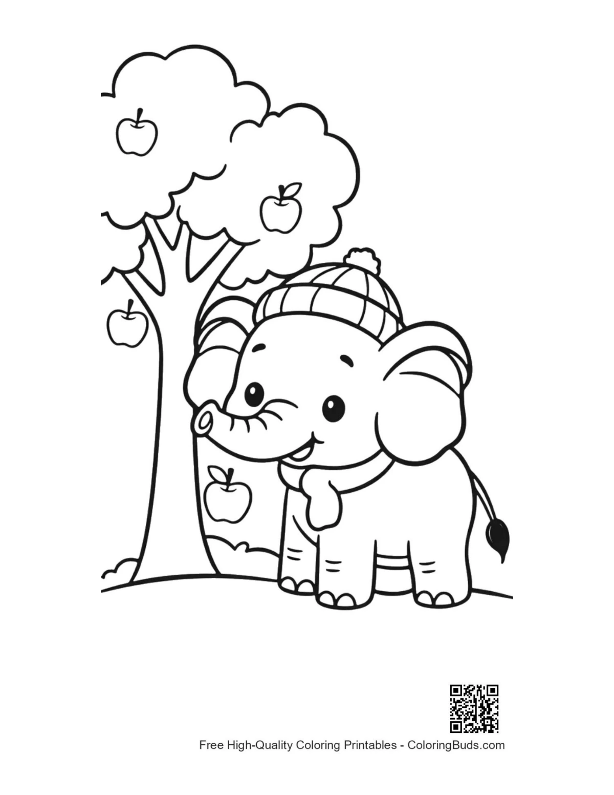 Cute baby Asian elephant winter hat apple orchard coloring page