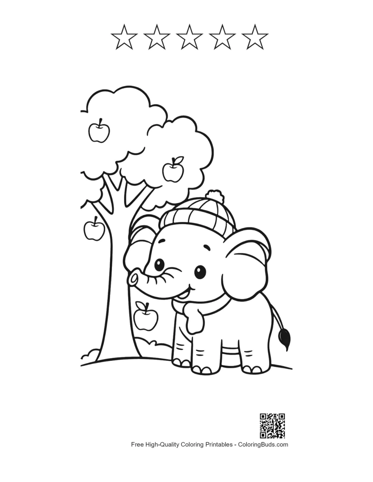 Baby elephant winter hat apple orchard 5-star outline coloring printable